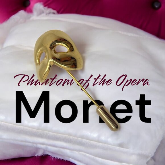 Vintage MONET Phantom of the Opera Mask Pin Gold Plated Signed Designer Jewelry - Picture 1 of 10